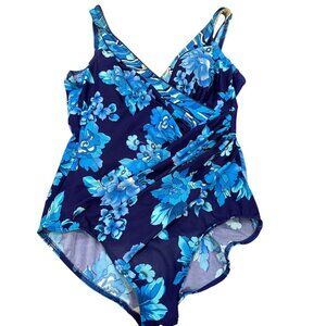 Miraclesuit Floral Swim Top Blue Size 16 Womens One-Piece Swimsuit Slimming